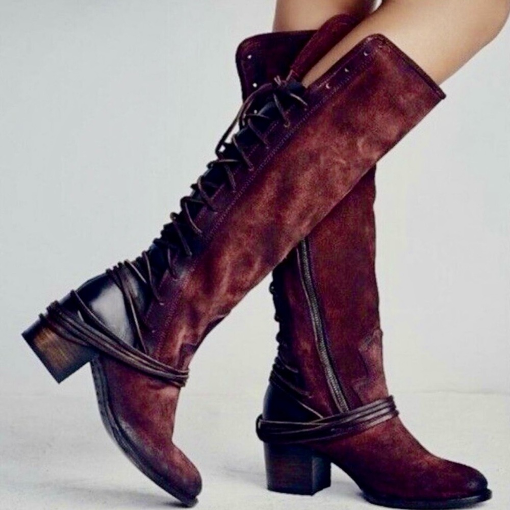 Freebird COAL Suede Lace Up Back Riding Boots In Red Wine Boho Size 6